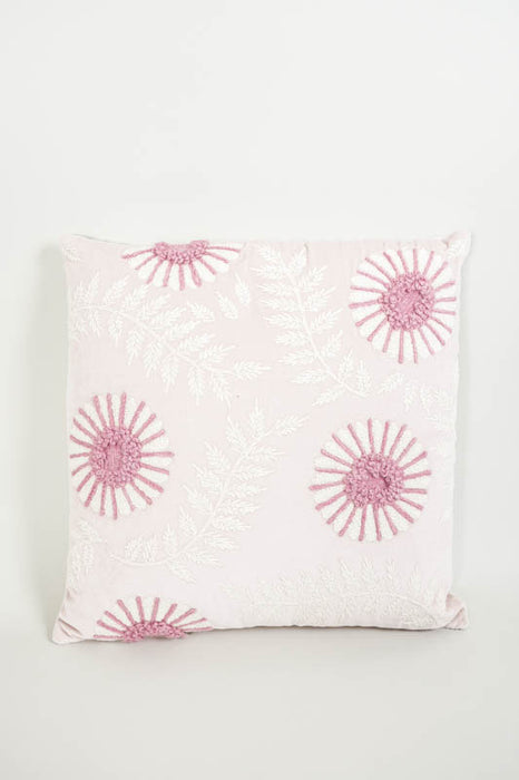 Coussin décoratif en velours de coton beige avec broderies de fougères et de fleurs 45x45cm