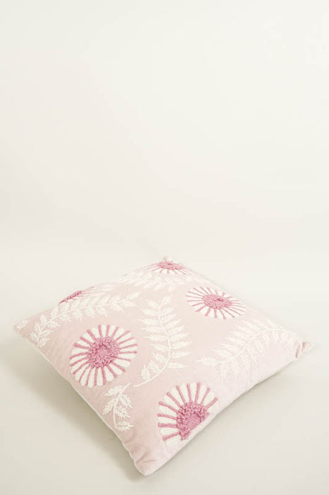Coussin décoratif en velours de coton beige avec broderies de fougères et de fleurs 45x45cm