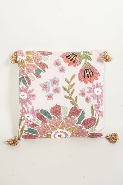 Coussin décoratif en velours de coton rose avec broderies motif floral vieux rose/vert 45x45cm