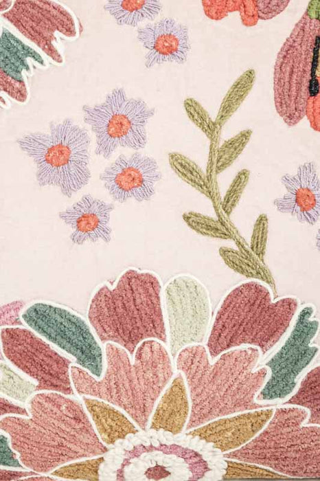 Coussin décoratif en velours de coton rose avec broderies motif floral vieux rose/vert 45x45cm