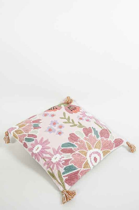 Coussin décoratif en velours de coton rose avec broderies motif floral vieux rose/vert 45x45cm