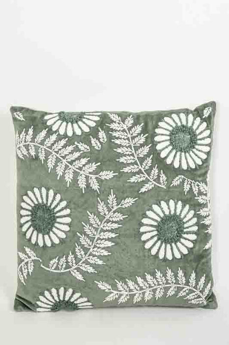 Coussin décoratif en velours de coton kaki broderies de fougères et de fleurs blanc cassé 45x45cm