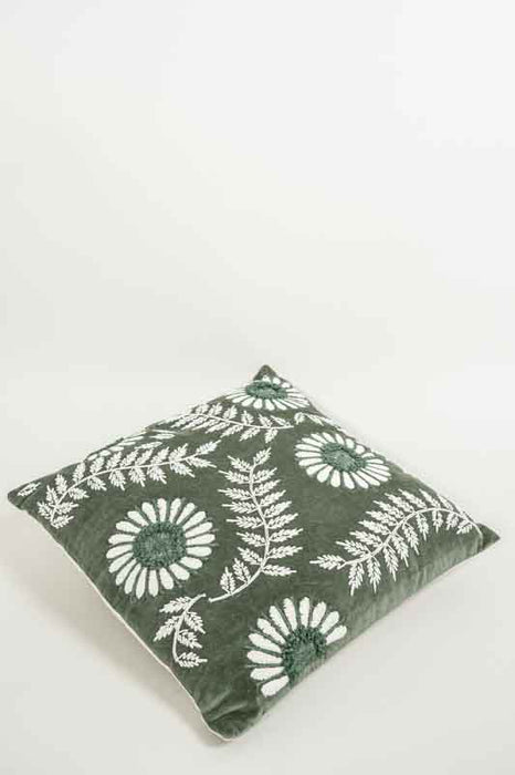 Coussin décoratif en velours de coton kaki broderies de fougères et de fleurs blanc cassé 45x45cm
