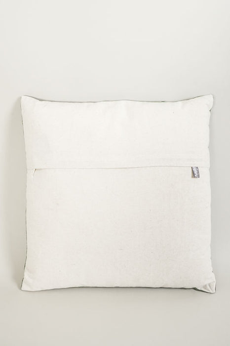 Coussin décoratif en velours de coton kaki broderies de fougères et de fleurs blanc cassé 45x45cm