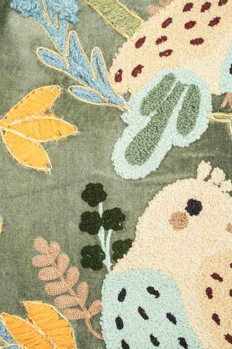 Coussin décoratif en velours de coton kaki brodé d’oiseaux et de fleurs jaune/bleu clair/abricot 40 x 60 cm