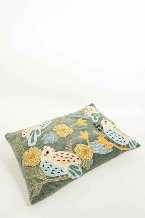 Coussin décoratif en velours de coton kaki brodé d’oiseaux et de fleurs jaune/bleu clair/abricot 40 x 60 cm