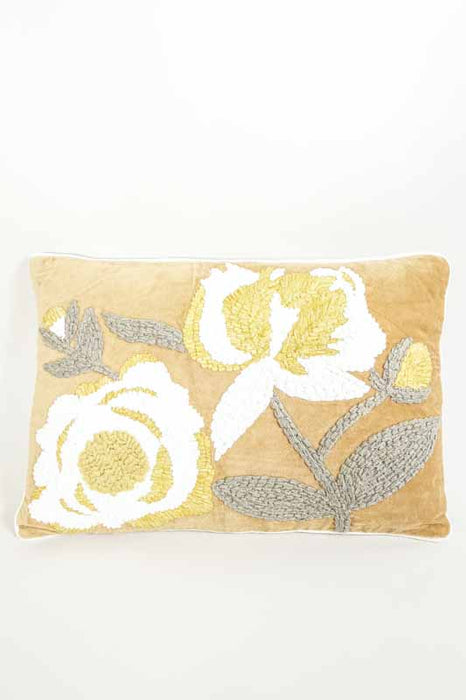 Coussin décoratif en velours de coton ocre brodé de fleurs beige/vert 40x60cm