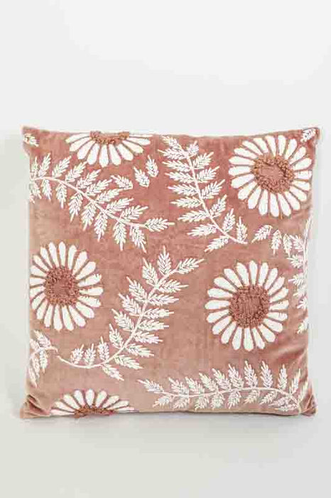 Coussin décoratif en velours de coton rouge rouille, broderies de fougères et de fleurs blanc cassé, 45 x 45 cm