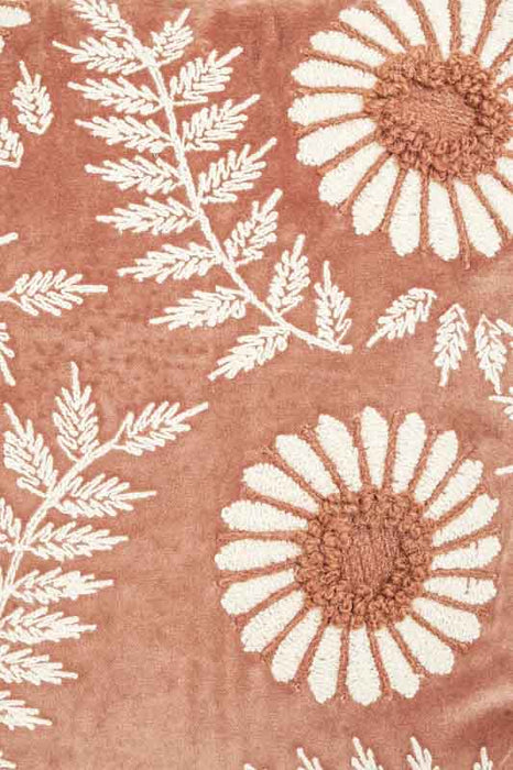 Coussin décoratif en velours de coton rouge rouille, broderies de fougères et de fleurs blanc cassé, 45 x 45 cm