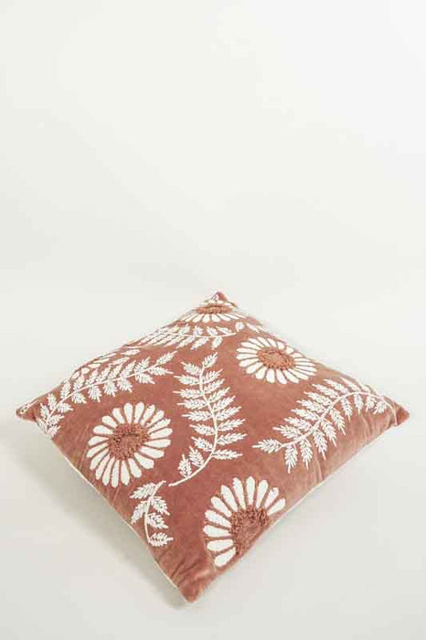 Coussin décoratif en velours de coton rouge rouille, broderies de fougères et de fleurs blanc cassé, 45 x 45 cm