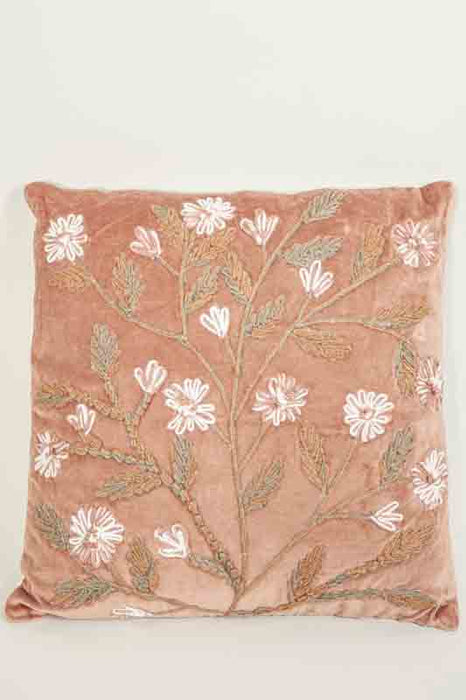 Coussin décoratif en velours de coton terracotta brodé d’une prairie fleurie beige/vert clair 45 x 45 cm