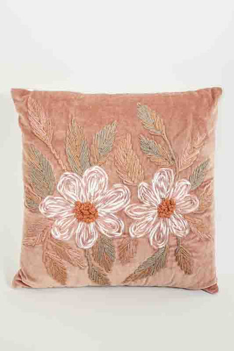Decorative cushion cotton velvet terracotta with white/light green floral embroidery 45x45cm
