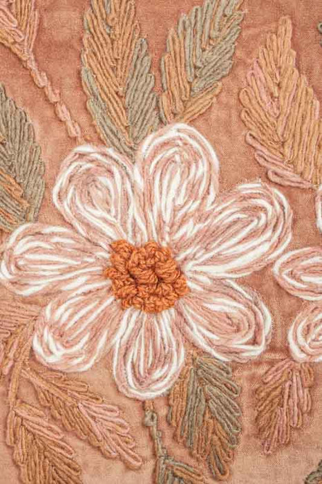 Decorative cushion cotton velvet terracotta with white/light green floral embroidery 45x45cm