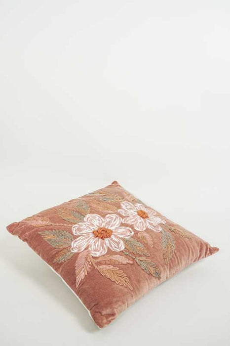Decorative cushion cotton velvet terracotta with white/light green floral embroidery 45x45cm