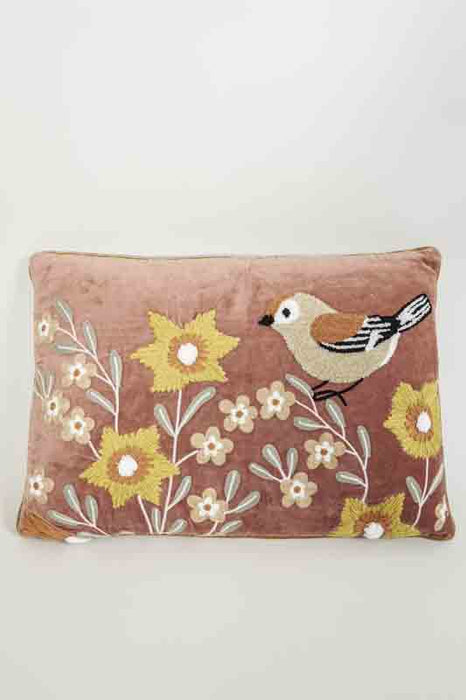 Coussin décoratif en velours de coton rouge rouille avec broderies d’oiseaux et de fleurs ocre/marron clair/taupe 40 x 60 cm