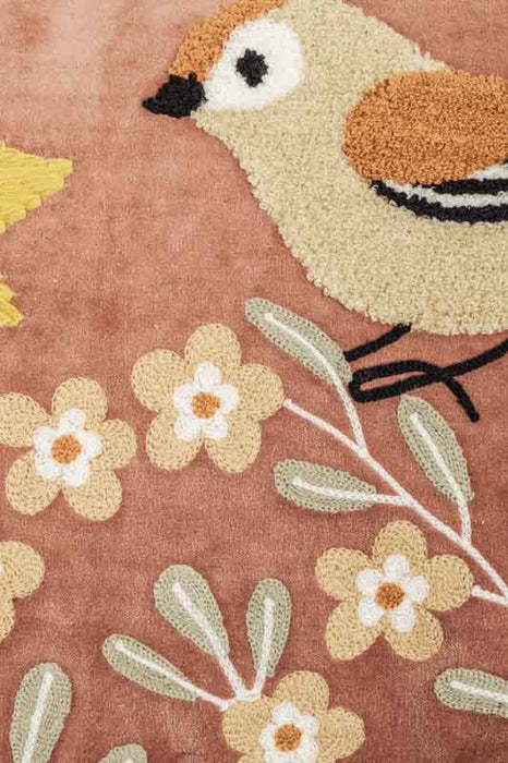 Coussin décoratif en velours de coton rouge rouille avec broderies d’oiseaux et de fleurs ocre/marron clair/taupe 40 x 60 cm