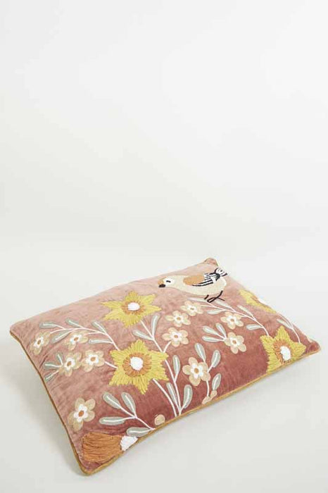 Coussin décoratif en velours de coton rouge rouille avec broderies d’oiseaux et de fleurs ocre/marron clair/taupe 40 x 60 cm