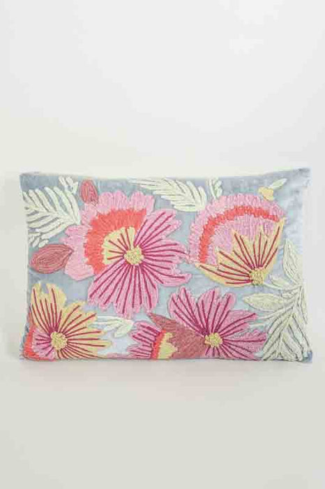 Coussin décoratif en velours de coton gris argenté avec broderies florales rose/rouge/jaune clair 40x60cm