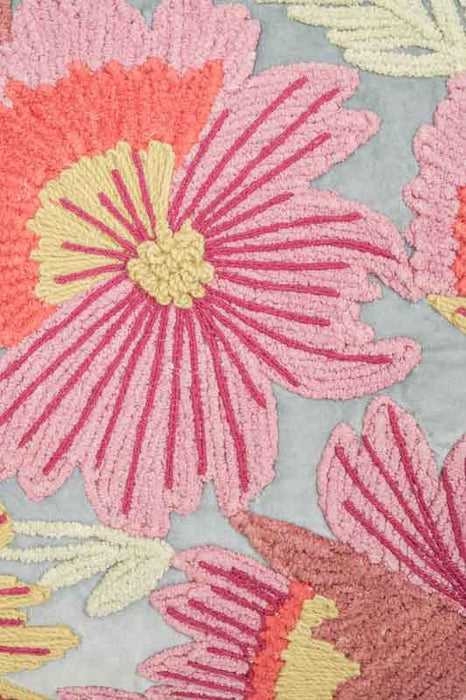 Coussin décoratif en velours de coton gris argenté avec broderies florales rose/rouge/jaune clair 40x60cm