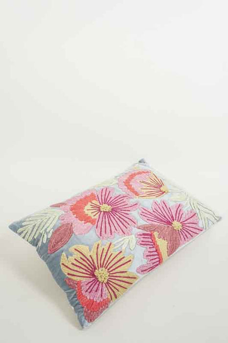 Coussin décoratif en velours de coton gris argenté avec broderies florales rose/rouge/jaune clair 40x60cm