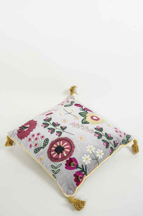 Coussin décoratif en velours de coton gris argenté brodé de motifs floraux rouge/rose/vert/jaune/blanc 45x45cm