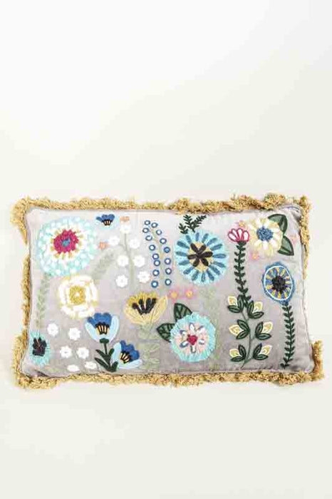 Coussin décoratif en velours de coton gris argenté avec broderies florales bleues/vertes/blanches/jaunes 30x50cm
