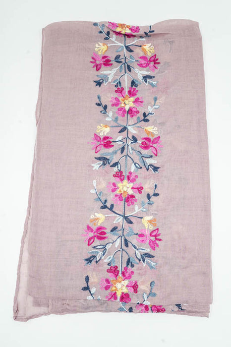 Écharpe en coton vieux rose motif floral brodé multicolore 90x180cm