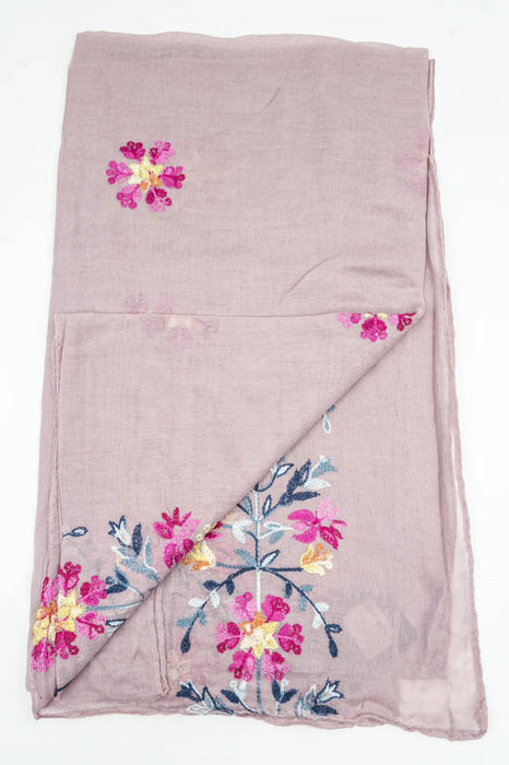 Écharpe en coton vieux rose motif floral brodé multicolore 90x180cm