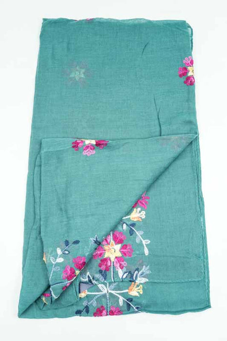 Baumwollschal petrol Blumenmuster gestickt multicolor 90x180cm