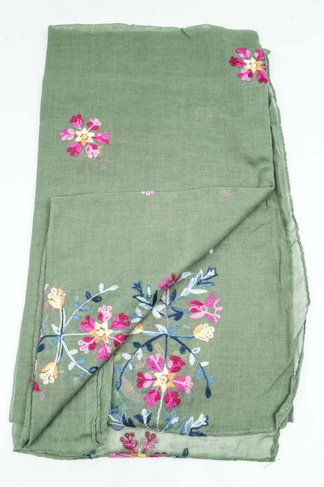 Baumwollschal khaki Blumenmuster gestickt multicolor 90x180cm