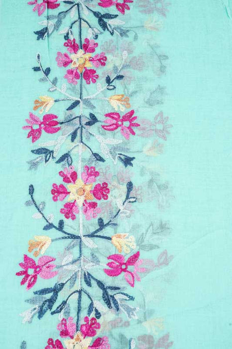 Cotton scarf turquoise floral embroidery multicolor 90x180cm