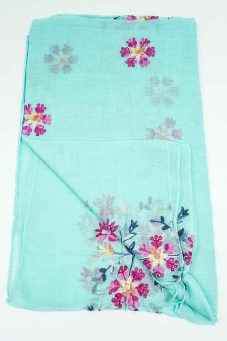 Cotton scarf turquoise floral embroidery multicolor 90x180cm
