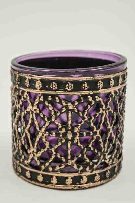 Windlicht antik goldfarben / Glas violett 5.5x5.5x5cm
