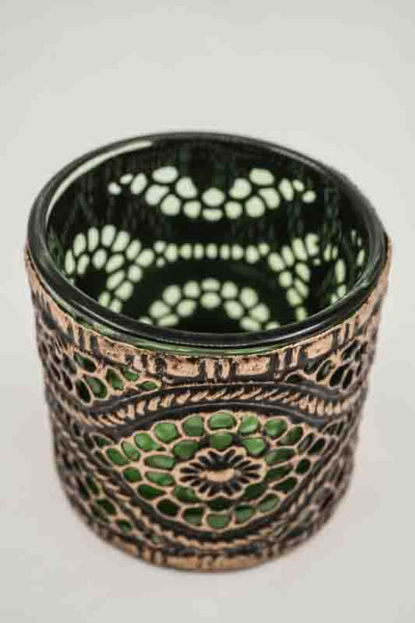 Windlicht antik goldfarben / Glas grün 5.5x5.5x5cm