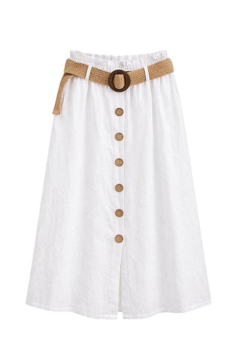 Leinenjupe lang vorne Knöpfe und Gurt weiss - One Size