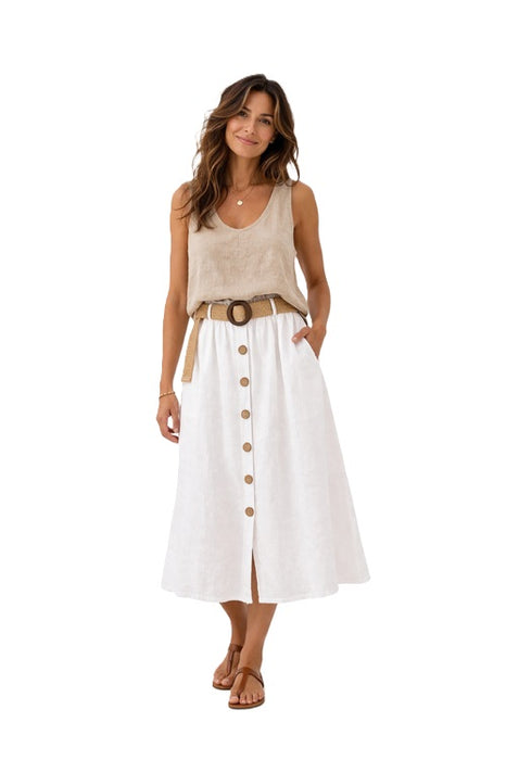 Leinenjupe lang vorne Knöpfe und Gurt weiss - One Size