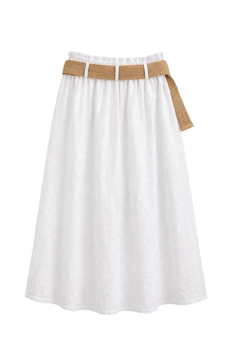 Leinenjupe lang vorne Knöpfe und Gurt weiss - One Size