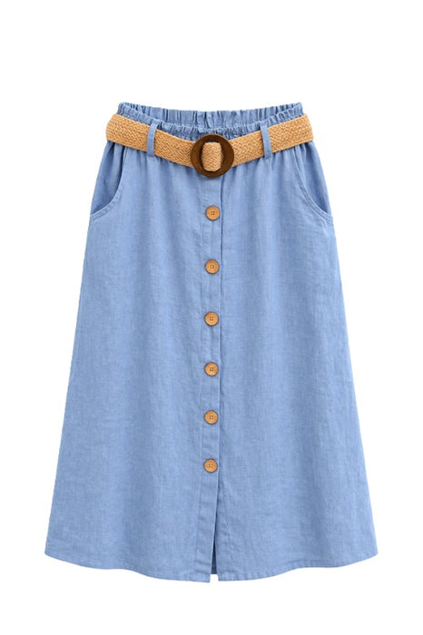 Leinenjupe lang vorne Knöpfe und Gurt jeansblau - One Size