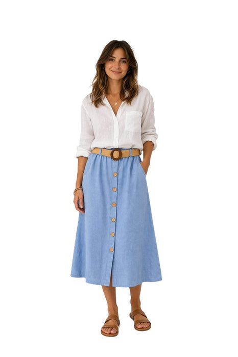 Leinenjupe lang vorne Knöpfe und Gurt jeansblau - One Size