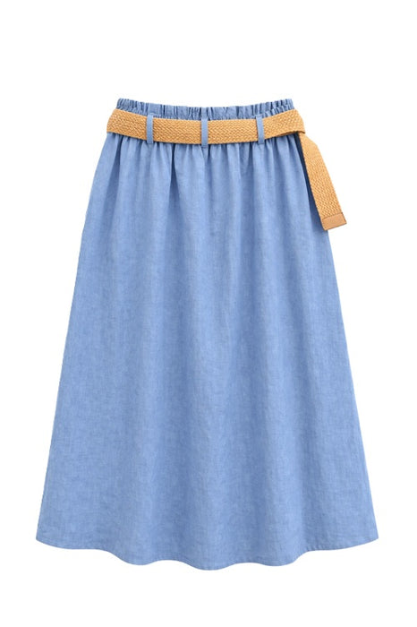 Leinenjupe lang vorne Knöpfe und Gurt jeansblau - One Size