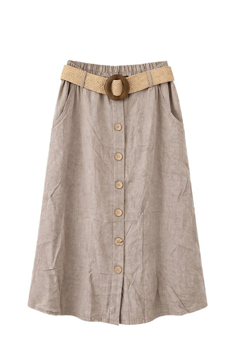 Leinenjupe lang vorne Knöpfe und Gurt taupe - One Size