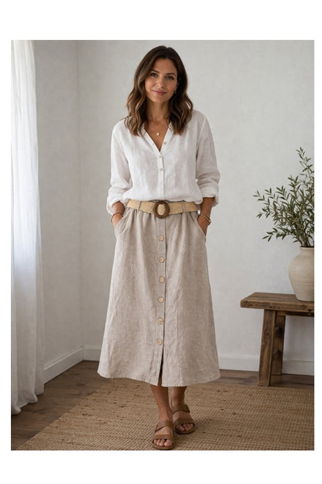 Leinenjupe lang vorne Knöpfe und Gurt taupe - One Size