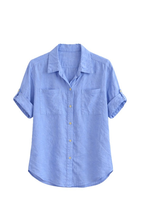 Linen Blouse Short Sleeve Denim Blue - One Size