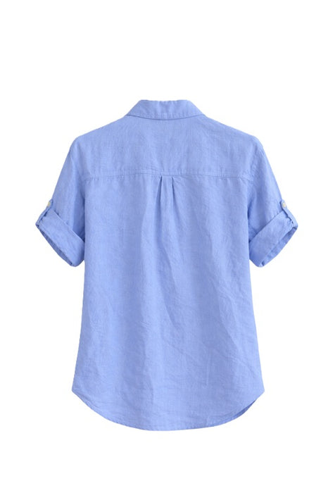 Linen Blouse Short Sleeve Denim Blue - One Size
