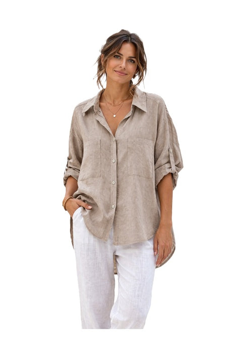Leinenbluse kurzarm taupe - One Size