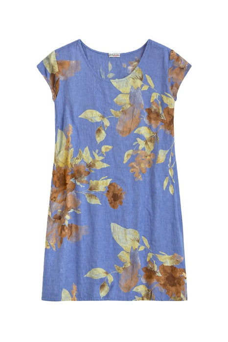 Leinenkleid kurzarm blau mit Blättermuster