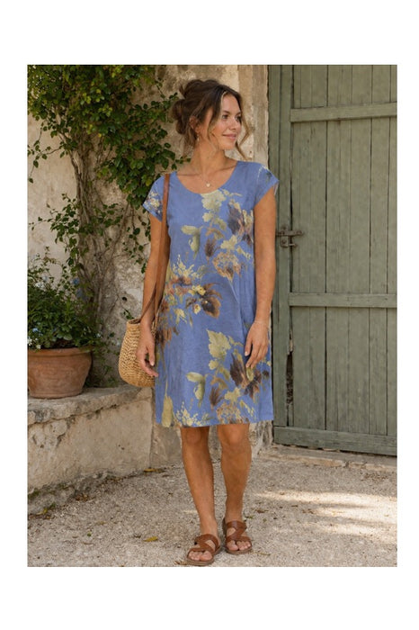 Leinenkleid kurzarm blau mit Blättermuster
