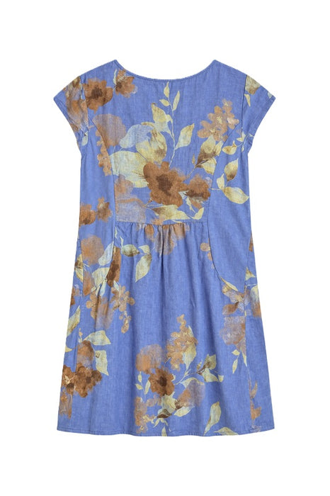 Leinenkleid kurzarm blau mit Blättermuster