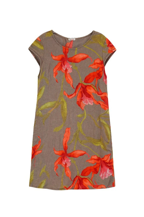 Leinenkleid kurzarm taupe mit Blumenmuster