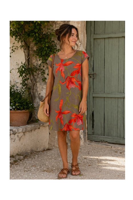 Leinenkleid kurzarm taupe mit Blumenmuster